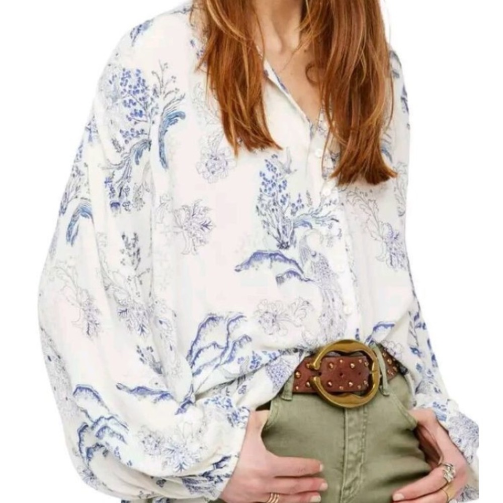 Free People Ivory Blue Toile PEACOCK Gauze blouse